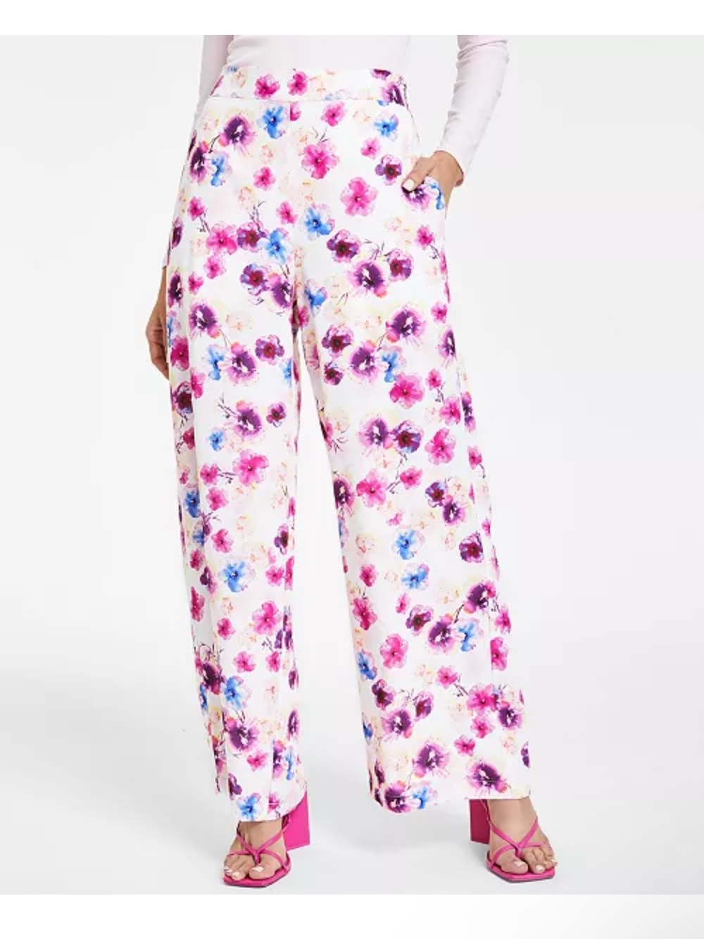 Sz S Printed Floral High Rise Wide-Leg Pull-On Pants w Pockets, White Pink Blue